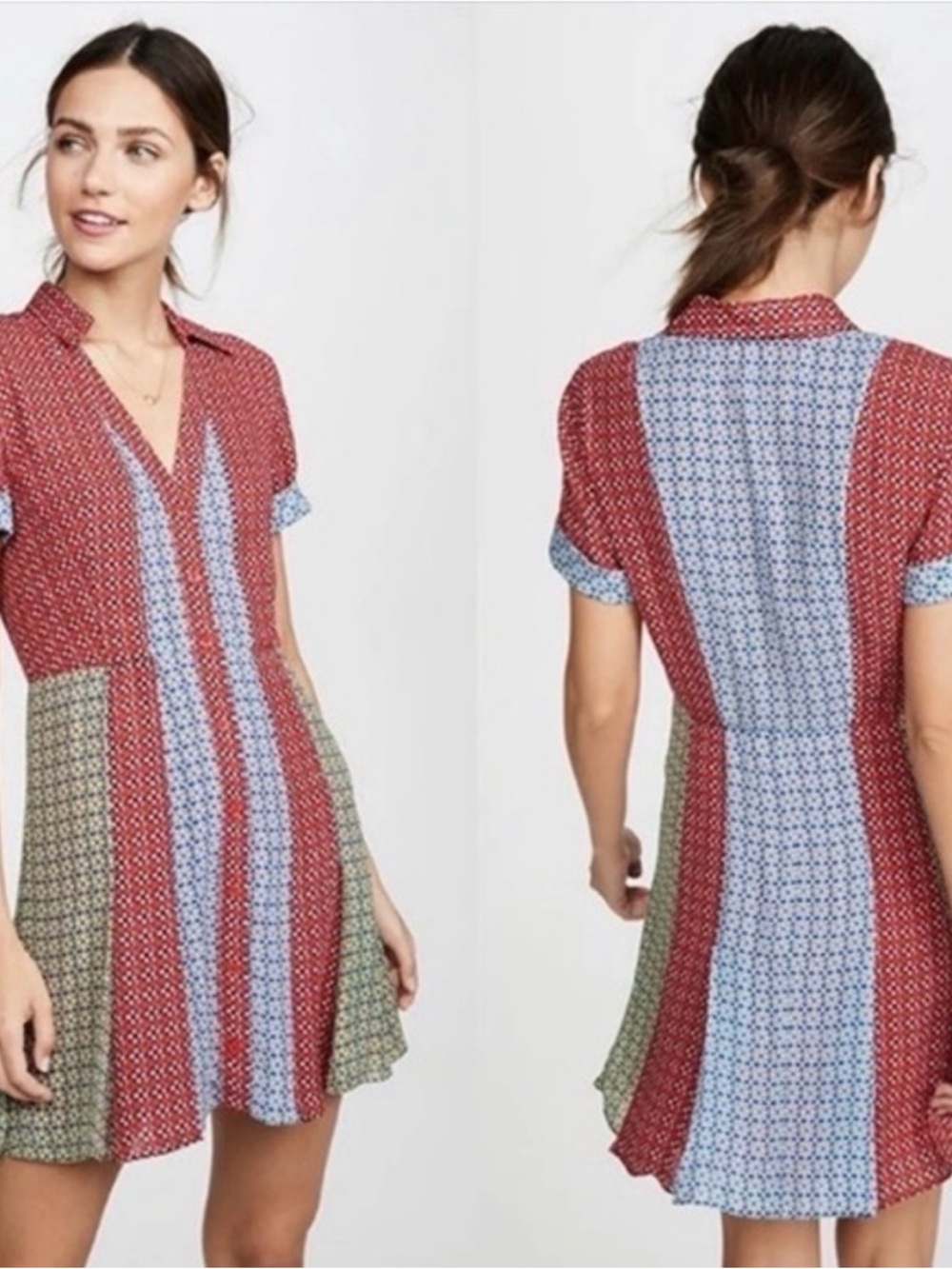 Alice + Olivia Mixed-Panel Mini Dress in Red, Light Blue and Olive - Picture 1 of 11